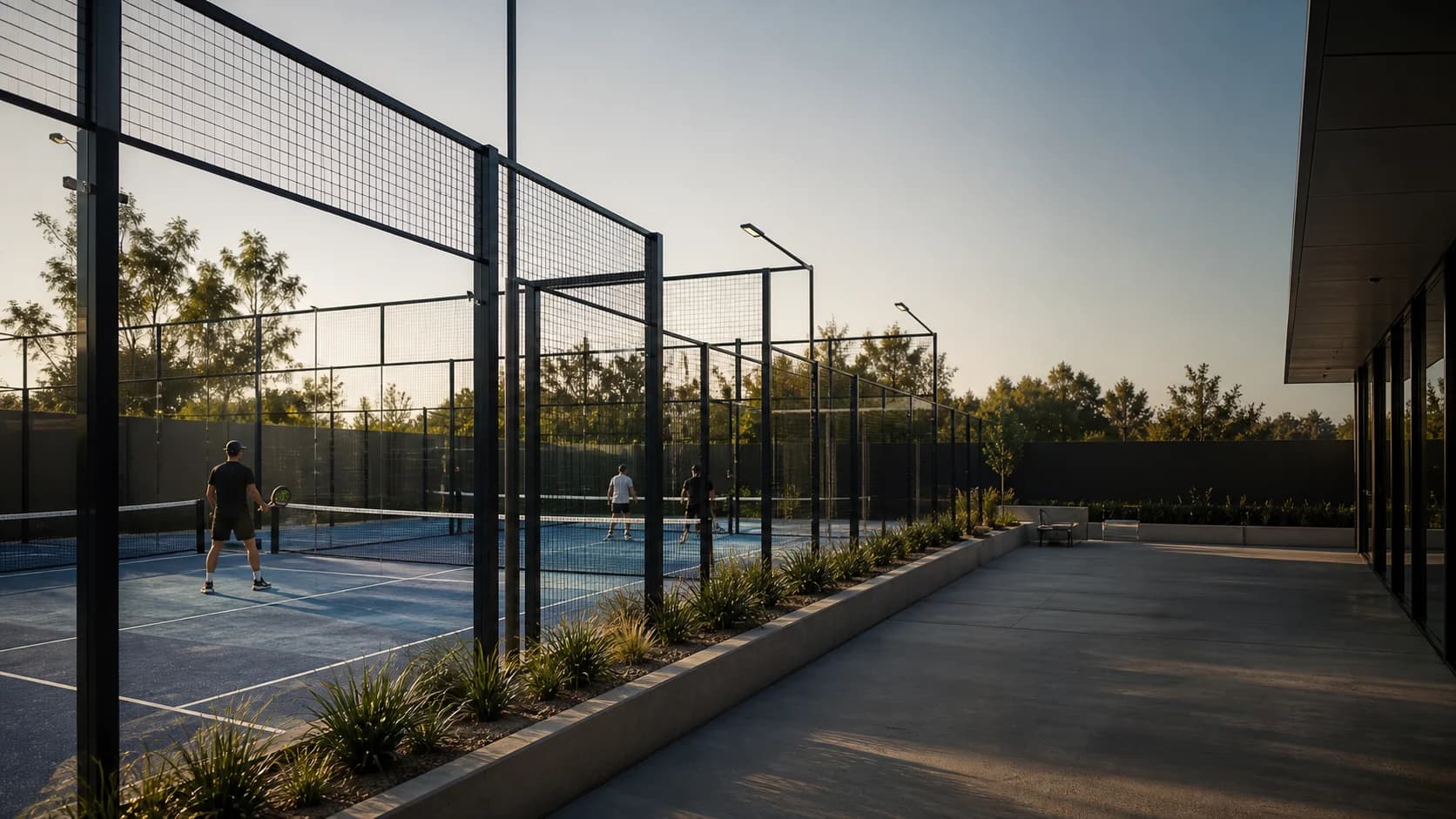 Pickleball club social play scene with a CourtBeam session proof overlay