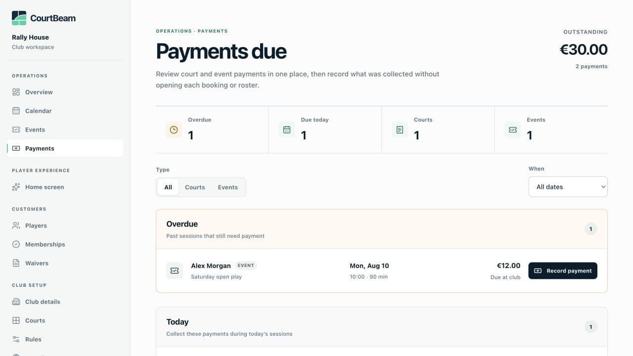 Rally House payments workspace showing payment status and operational follow-up